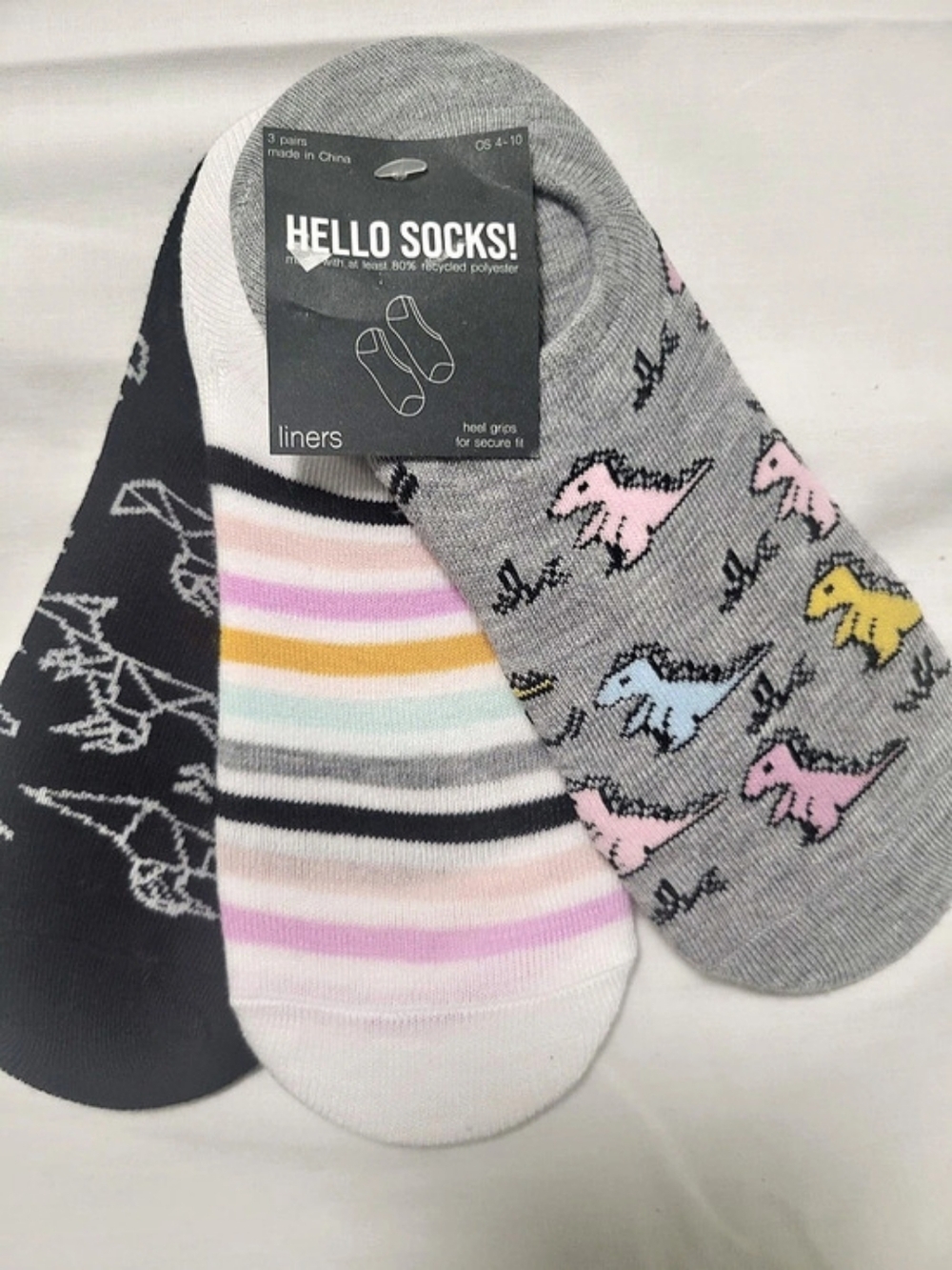Hello Socks Dinosaur and Stripe Liners 3-Pair Pack Gray & Black NWT